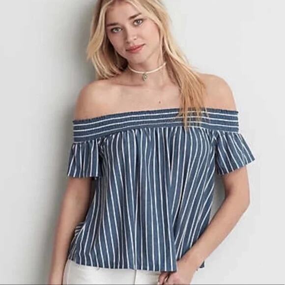 American Eagle Blue White Striped Linen Blend Off-The-Shoulder Smock Top Size XS - Picture 1 of 6